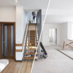 Split image showing a kitchen and stairway before and after house flipping.